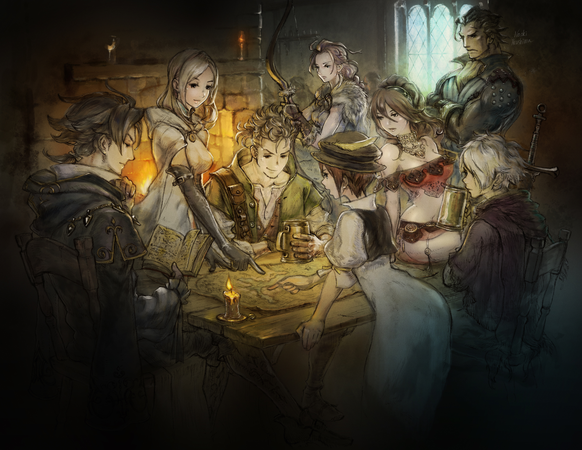 Image Octopath Traveler characters looking at a map in preparation of their next move